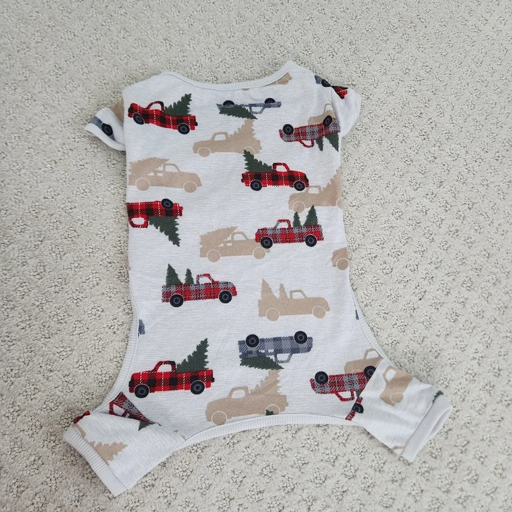 Holiday Pet Pajamas Christmas Truck Print Gray Red Buffalo Plaid Knit size small